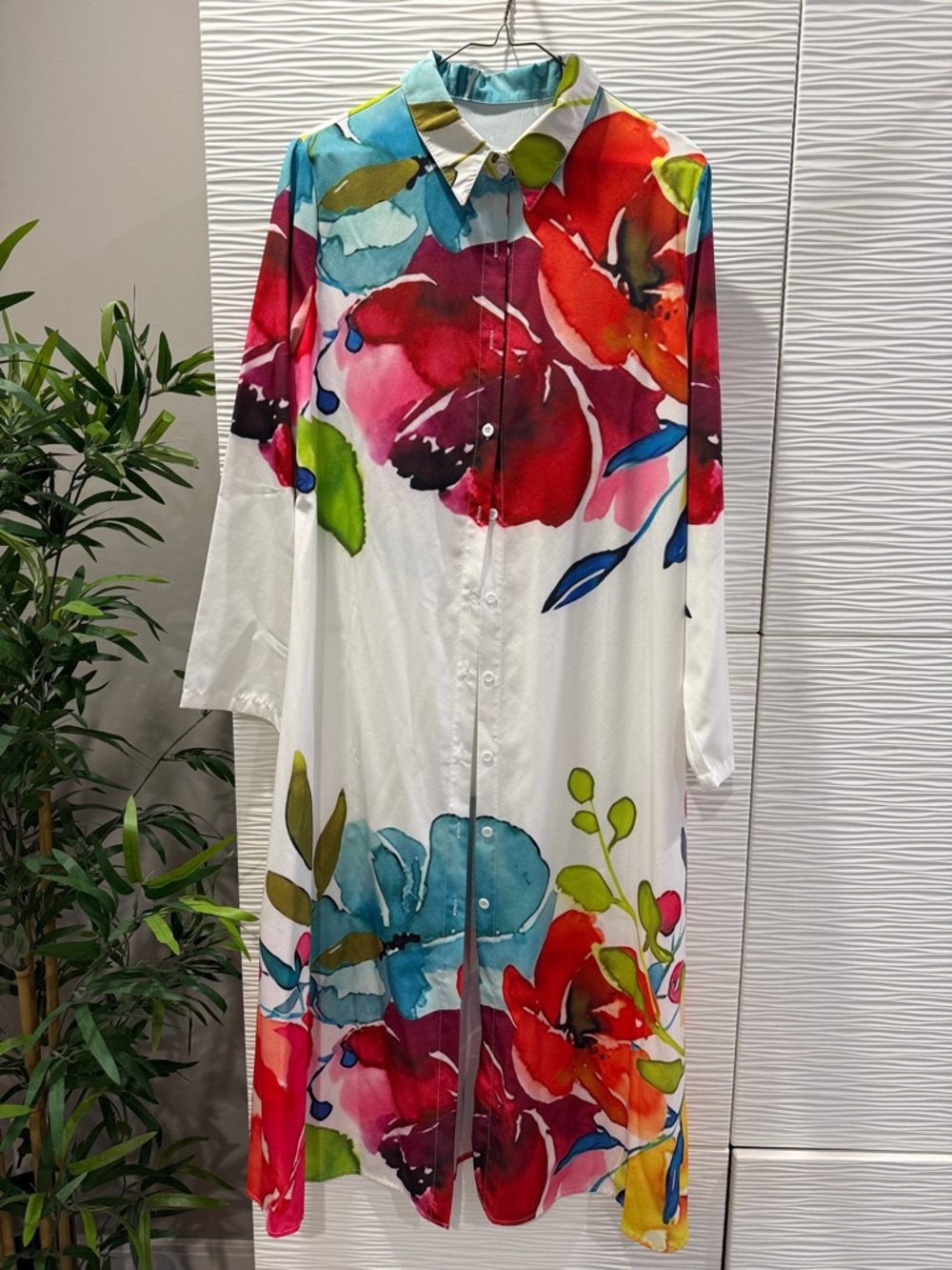 Bold Floral Button-Down Maxi Shirt Dress in White with Red & Teal Blooms